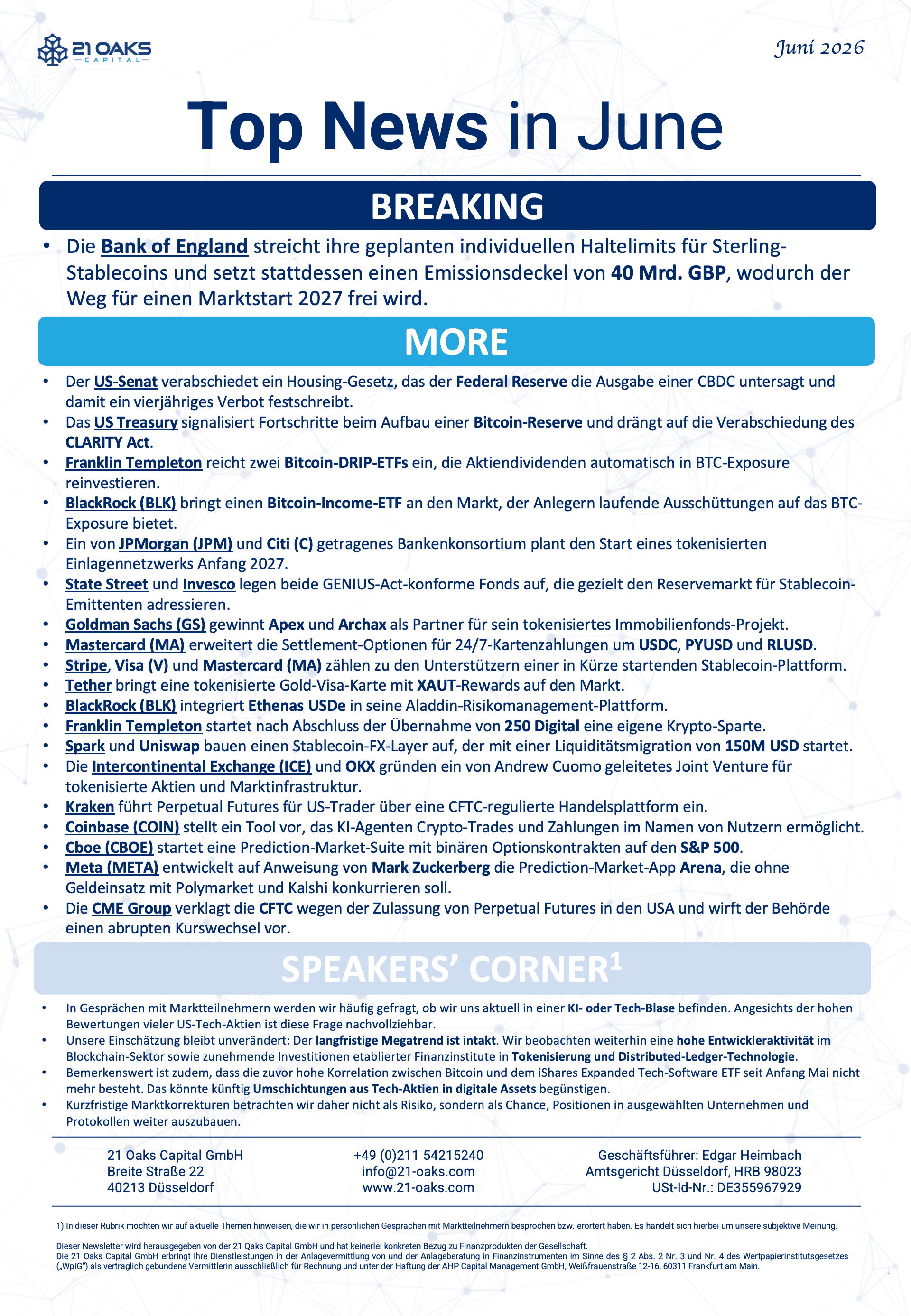 21 Oaks Newsletter — Juni 2026