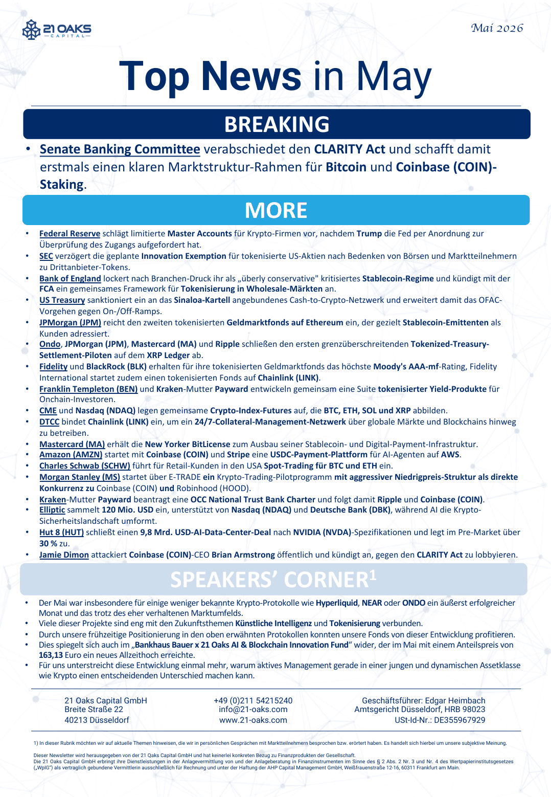 21 Oaks Newsletter — Mai 2026